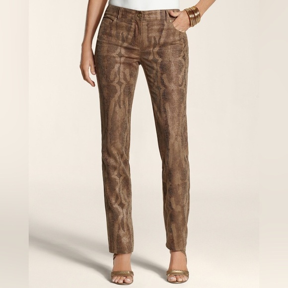 Chico's Pants - Chico’s M / L Faux Leather Snakeskin Tan Soft and Comfy Dress Pants w Pockets